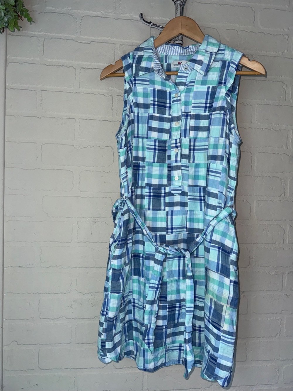 Vineyard Vines Blue Mint Plaid Sleeveless Shirt Dress patchwork